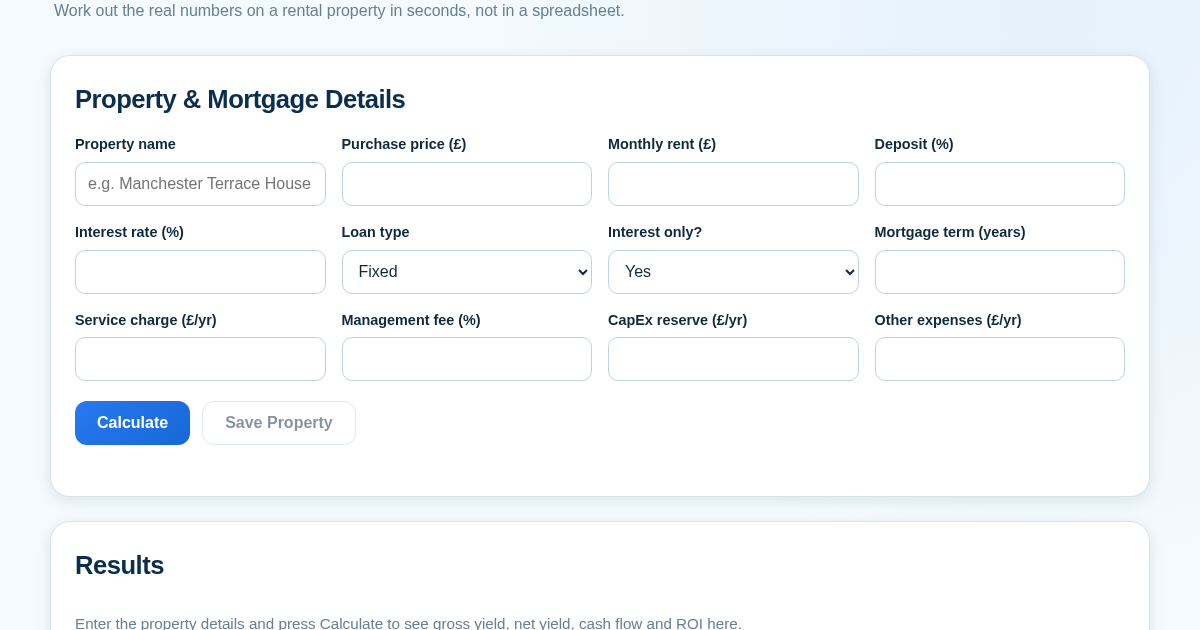 RentYield UK — Buy-to-Let Yield & ROI Calculator
